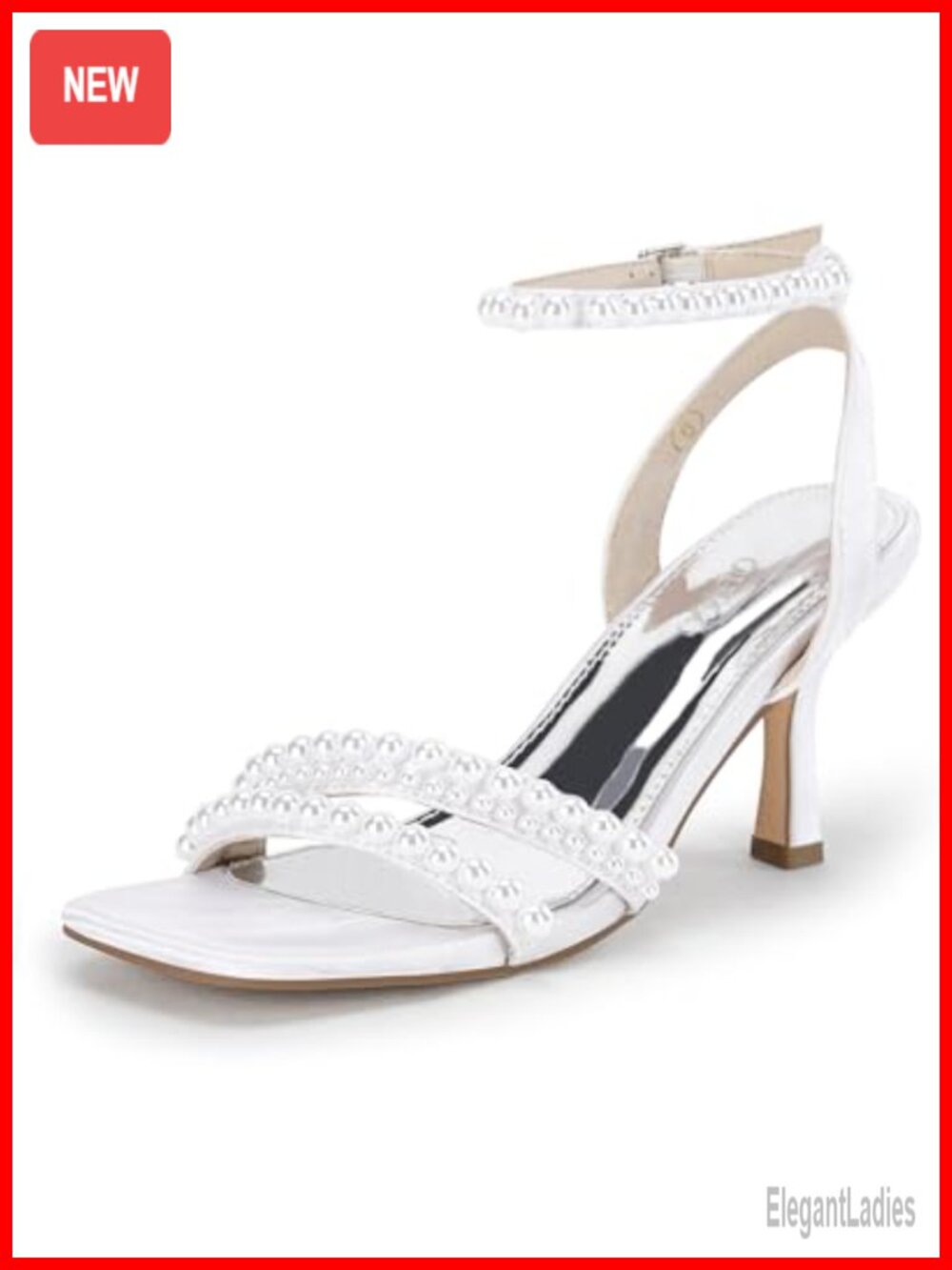 Coutgo Pearl Kitten Heel Sandals Square Open Toe Satin Ankle Strap Dress